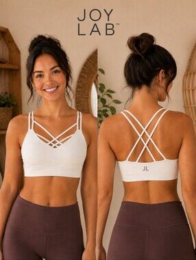 JoyLab Strappy Sports Bra White Criss Cross Back Activewear Gym Small